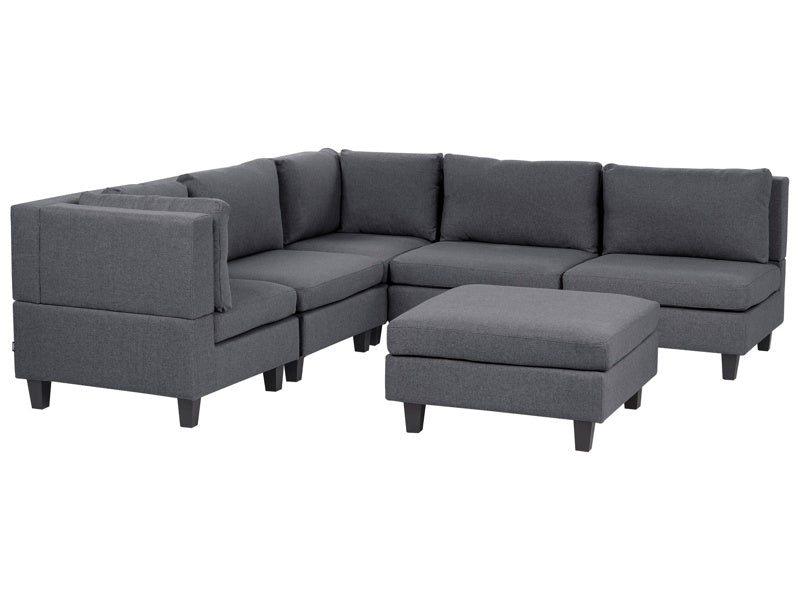 Modular Sofa with Ottoman Dark Grey Fabric Upholstered 5 Seater with Ottoman Cushioned Backrest Modern Living Room Couch Beliani