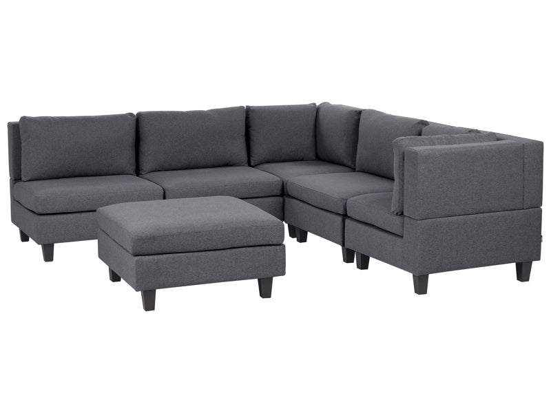 Modular Sofa with Ottoman Dark Grey Fabric Upholstered 5 Seater with Ottoman Cushioned Backrest Modern Living Room Couch Beliani