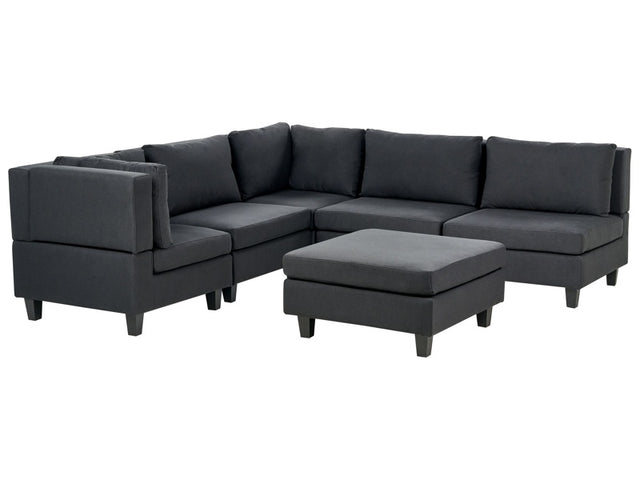 Modular Sofa with Ottoman Black Fabric Upholstered 5 Seater with Ottoman Cushioned Backrest Modern Living Room Couch Beliani