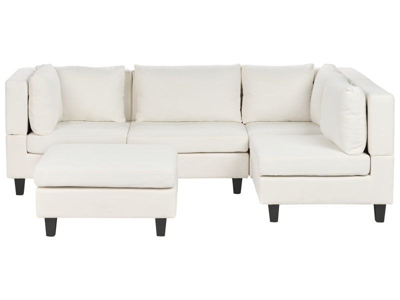 Modular Sofa with Ottoman White Fabric Upholstered 4 Seater with Ottoman Cushioned Backrest Modern Living Room Couch Beliani