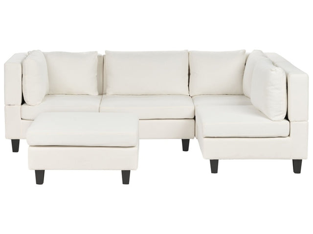 Modular Sofa with Ottoman White Fabric Upholstered 4 Seater with Ottoman Cushioned Backrest Modern Living Room Couch Beliani