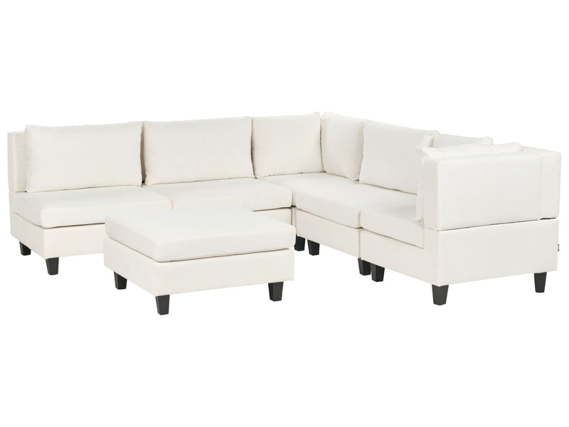 Modular Sofa with Ottoman White Fabric Upholstered 5 Seater with Ottoman Cushioned Backrest Modern Living Room Couch Beliani