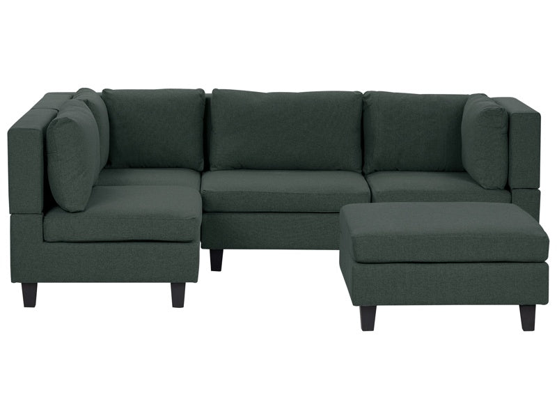 Modular Sofa with Ottoman Dark Green Fabric Upholstered 4 Seater with Ottoman Cushioned Backrest Living Room Couch Beliani