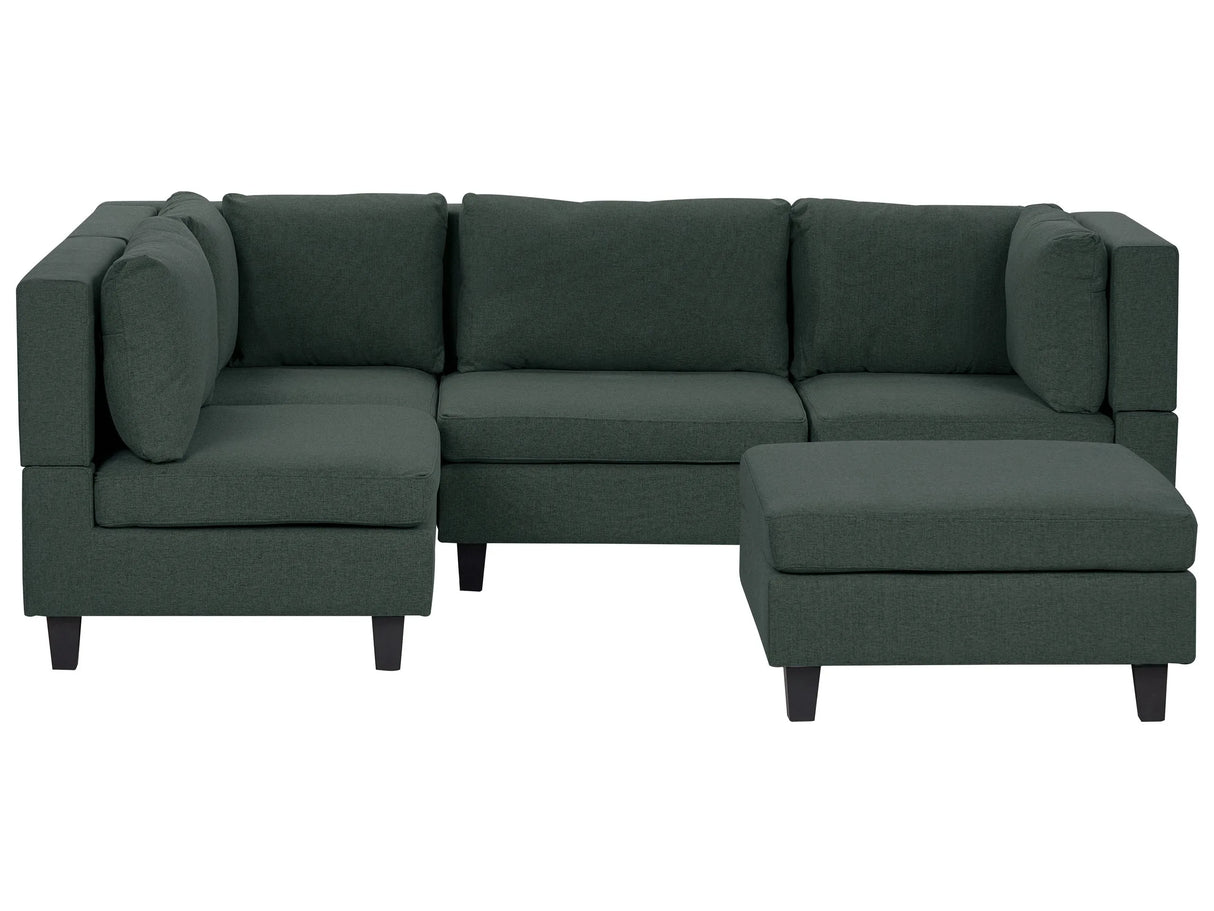 Modular Sofa with Ottoman Dark Green Fabric Upholstered 4 Seater with Ottoman Cushioned Backrest Living Room Couch Beliani