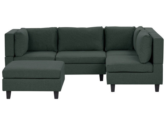 Modular Sofa with Ottoman Dark Green Fabric Upholstered 4 Seater with Ottoman Cushioned Backrest Modern Living Room Couch Beliani