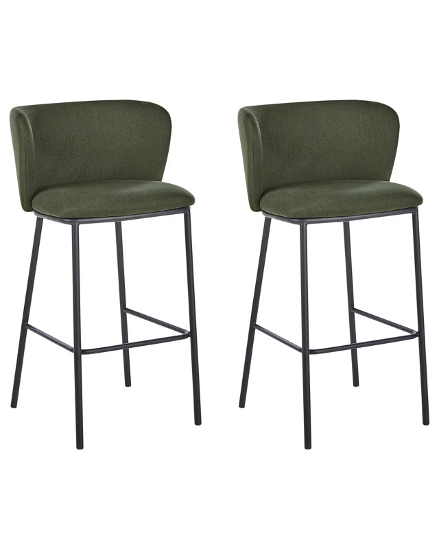 Set of 2 Bar Chairs Dark Green Polyester Upholstery Black Metal Legs Armless Stools Curved Backrest Modern Dining Room Kitchen Beliani