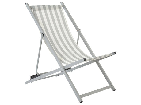 Folding Deck Chair White Grey Textilene Striped Pattern Sling Seat Beach Chair Adjustable Backrest Patio Recliner Beliani