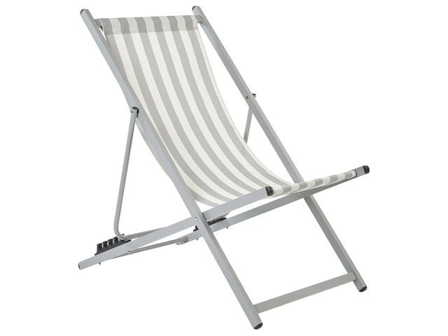 Folding Deck Chair White Grey Textilene Striped Pattern Sling Seat Beach Chair Adjustable Backrest Patio Recliner Beliani