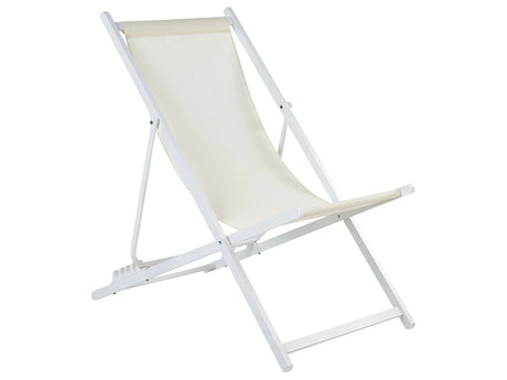 Folding Deck Chair Beige and White Textilene Striped Pattern Sling Seat Beach Chair Adjustable Backrest Patio Recliner Beliani