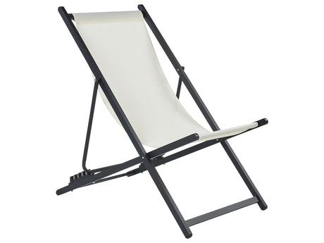 Folding Deck Chair Light Beige and Black Textilene Sling Seat Beach Chair Adjustable Backrest Patio Recliner Beliani