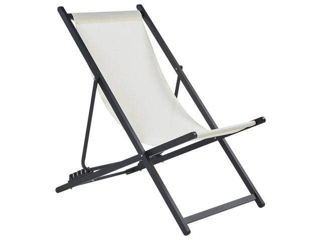 Folding Deck Chair Light Beige and Black Textilene Sling Seat Beach Chair Adjustable Backrest Patio Recliner Beliani