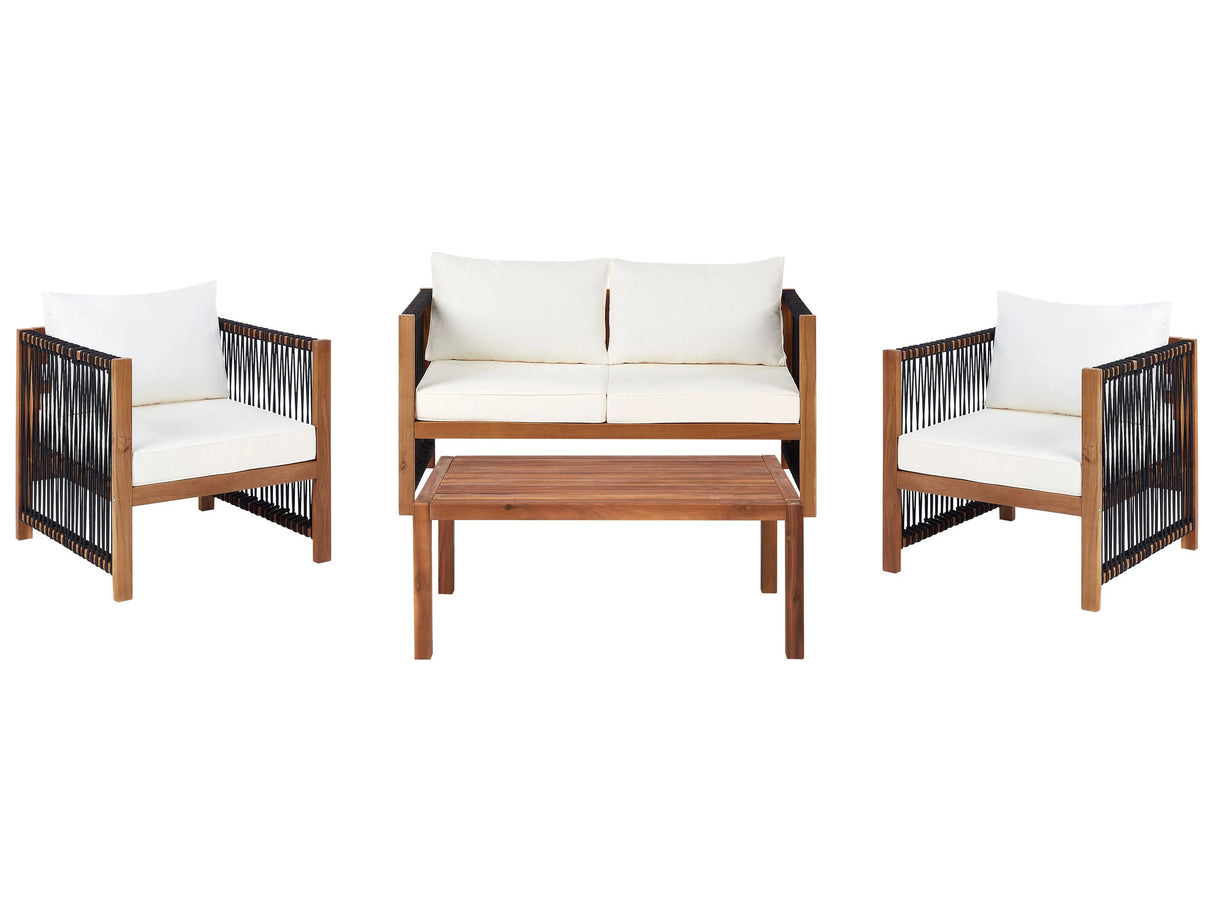 4 Seater Garden Sofa Light Wood Accacia with Black Synthetic Rope 2 Seater Sofa Armchairs and Coffee Table Beliani