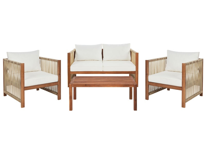 4 Seater Garden Sofa Light Wood Accacia with Beige Synthetic Rope 2 Seater Sofa Armchairs and Coffee Table Beliani