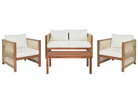 4 Seater Garden Sofa Light Wood Accacia with Beige Synthetic Rope 2 Seater Sofa Armchairs and Coffee Table Beliani