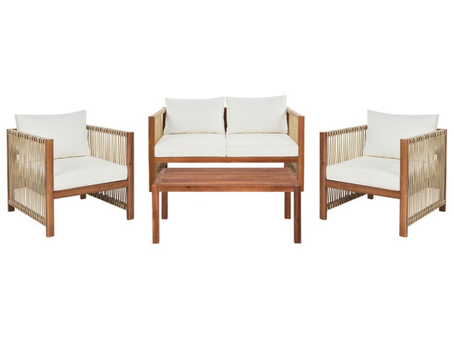 4 Seater Garden Sofa Light Wood Accacia with Beige Synthetic Rope 2 Seater Sofa Armchairs and Coffee Table Beliani