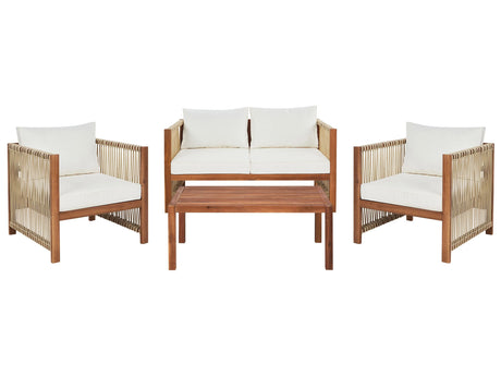 4 Seater Garden Sofa Light Wood Accacia with Beige Synthetic Rope 2 Seater Sofa Armchairs and Coffee Table Beliani