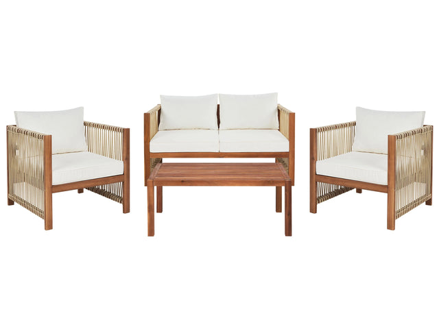 4 Seater Garden Sofa Light Wood Accacia with Beige Synthetic Rope 2 Seater Sofa Armchairs and Coffee Table Beliani