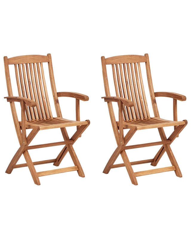 Set of 2 Garden Dining Chairs Light Wood Acacia Wood Frame Folding Rustic Design Beliani