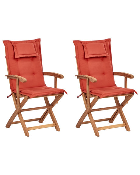 Set of 2 Garden Dining Chairs Light Wood with Red Cushion Acacia Wood Frame Folding Rustic Design Beliani