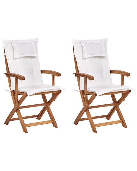 Set of 2 Garden Dining Chairs Light Wood with White Cushion Acacia Wood Frame Folding Rustic Design Beliani