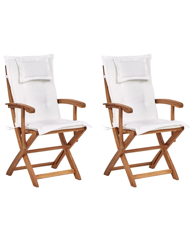 Set of 2 Garden Dining Chairs Light Wood with White Cushion Acacia Wood Frame Folding Rustic Design Beliani