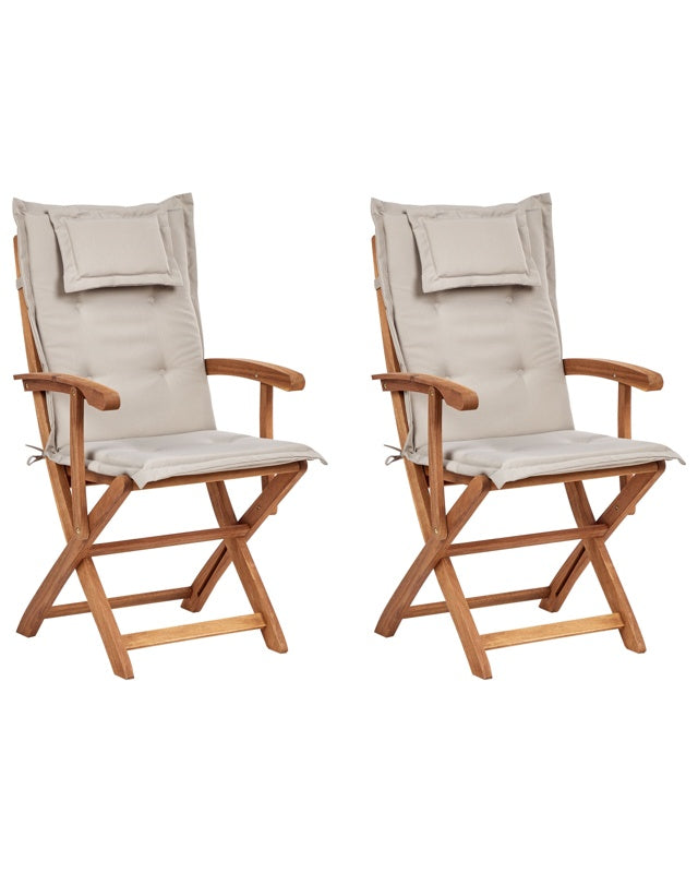 Set of 2 Garden Dining Chairs Light Wood with Taupe Cushions Acacia Wood Frame Folding Rustic Design Beliani