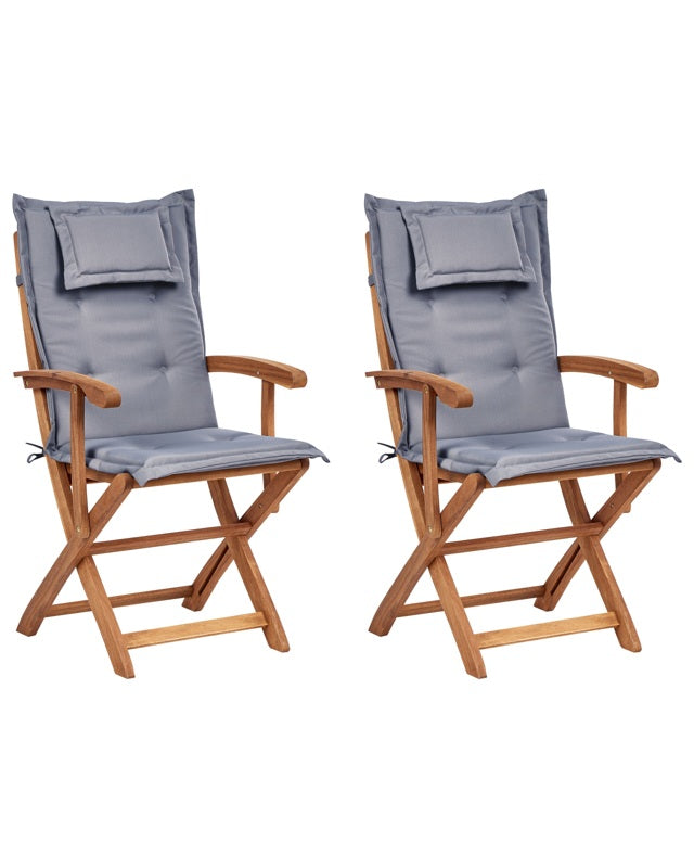 Set of 2 Garden Dining Chairs Light Wood with Grey Cushion Acacia Wood Frame Folding Rustic Design Beliani