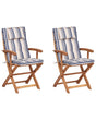 Set of 2 Garden Dining Chairs Light Wood with Striped Cushion Acacia Wood Frame Folding Rustic Design Beliani