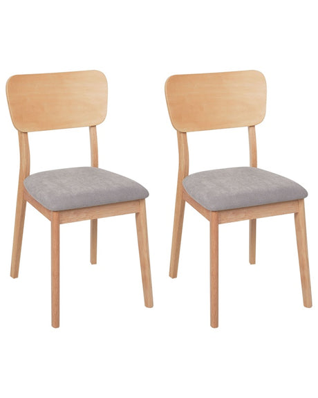 Set of 2 Dining Chairs Light Grey Rubberwood Polyester Upholstered Seat Light Wood Beliani