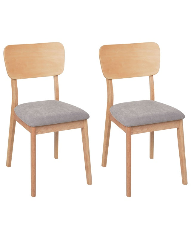 Set of 2 Dining Chairs Light Grey Rubberwood Polyester Upholstered Seat Light Wood Beliani