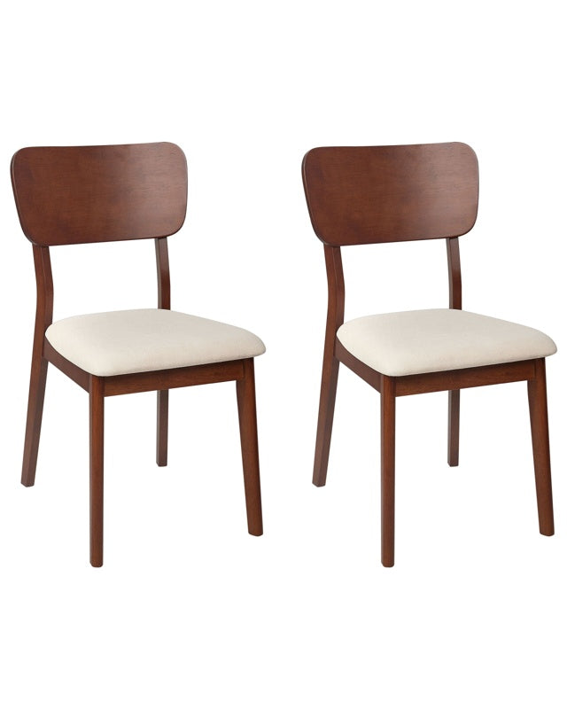 Set of 2 Dining Chairs Light Beige Rubberwood Polyester Upholstered Seat Dark Wood Beliani