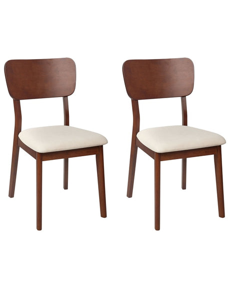 Set of 2 Dining Chairs Light Beige Rubberwood Polyester Upholstered Seat Dark Wood Beliani