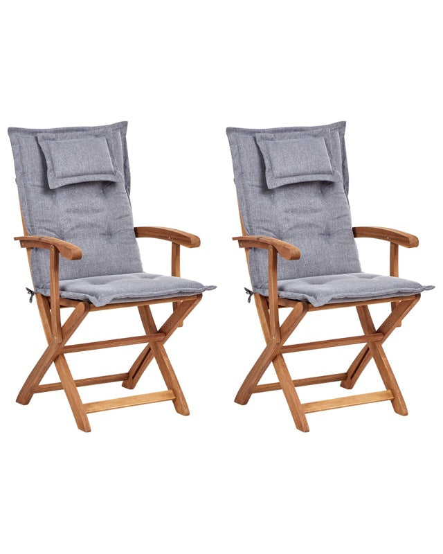 Set of 2 Garden Dining Chairs Light Wood with Grey Cushion Acacia Wood Frame Folding Rustic Design Beliani