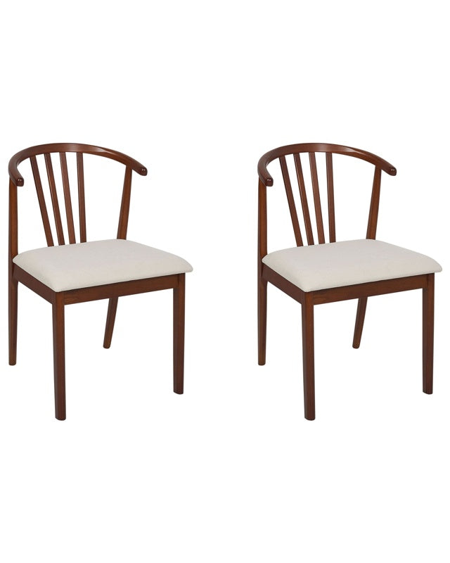 Set of 2 Dining Chairs Light Beige Rubberwood Polyester Upholstered Seat Dark Wood Beliani