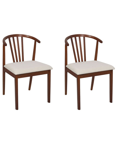 Set of 2 Dining Chairs Light Beige Rubberwood Polyester Upholstered Seat Dark Wood Beliani