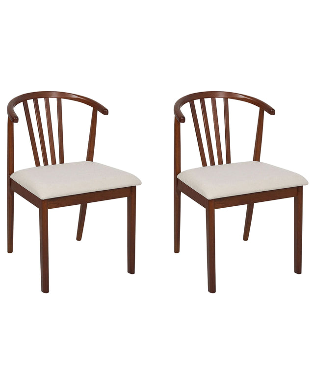 Set of 2 Dining Chairs Light Beige Rubberwood Polyester Upholstered Seat Dark Wood Beliani