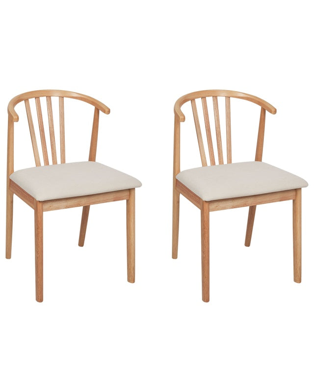 Set of 2 Dining Chairs Light Beige Rubberwood Polyester Upholstered Seat Light Wood Beliani