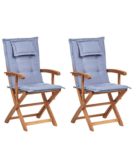 Set of 2 Garden Dining Chairs Light Wood with Blue Cushion Acacia Wood Frame Folding Rustic Design Beliani