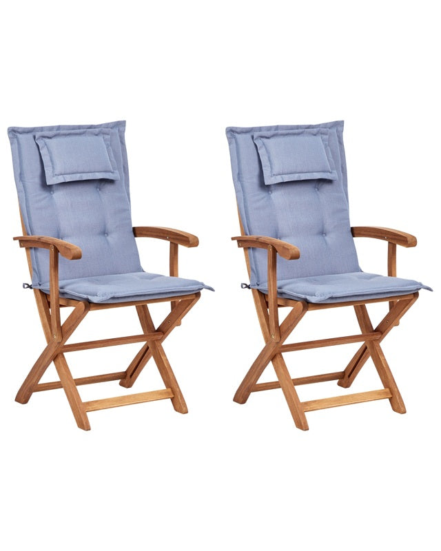 Set of 2 Garden Dining Chairs Light Wood with Blue Cushion Acacia Wood Frame Folding Rustic Design Beliani