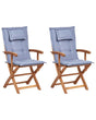 Set of 2 Garden Dining Chairs Light Wood with Blue Cushion Acacia Wood Frame Folding Rustic Design Beliani