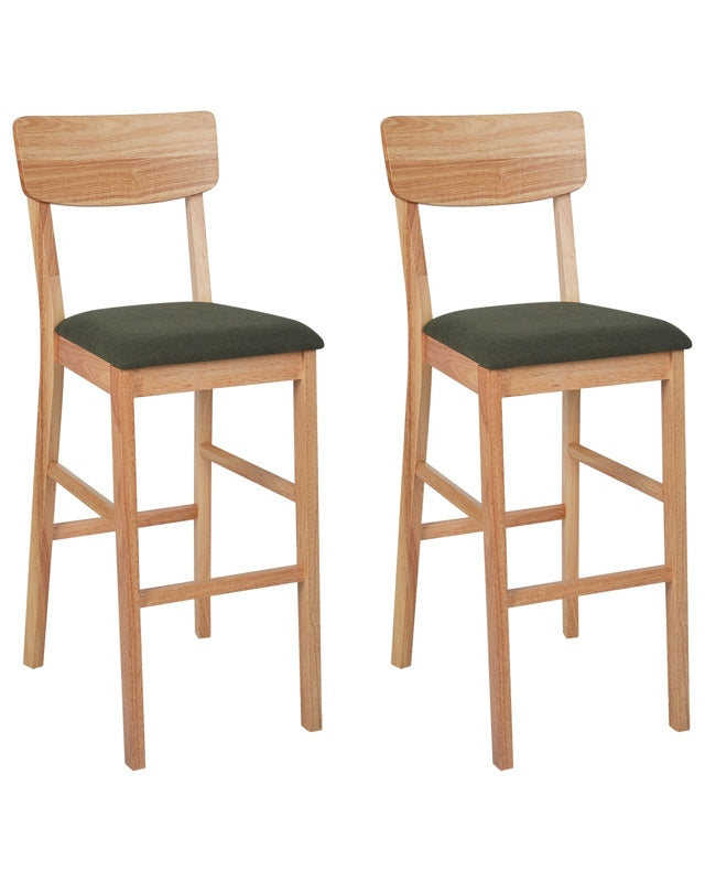 Set of 2 Bar Chairs Green Rubberwood Polyester Upholstered Seat Light Wood Beliani