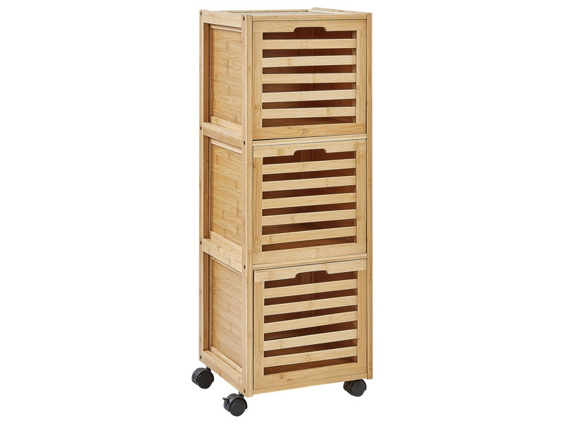 3- Drawer Bathroom Cabinet Light Wood Bamboo Rubber Wheels Bathroom Storage Beliani