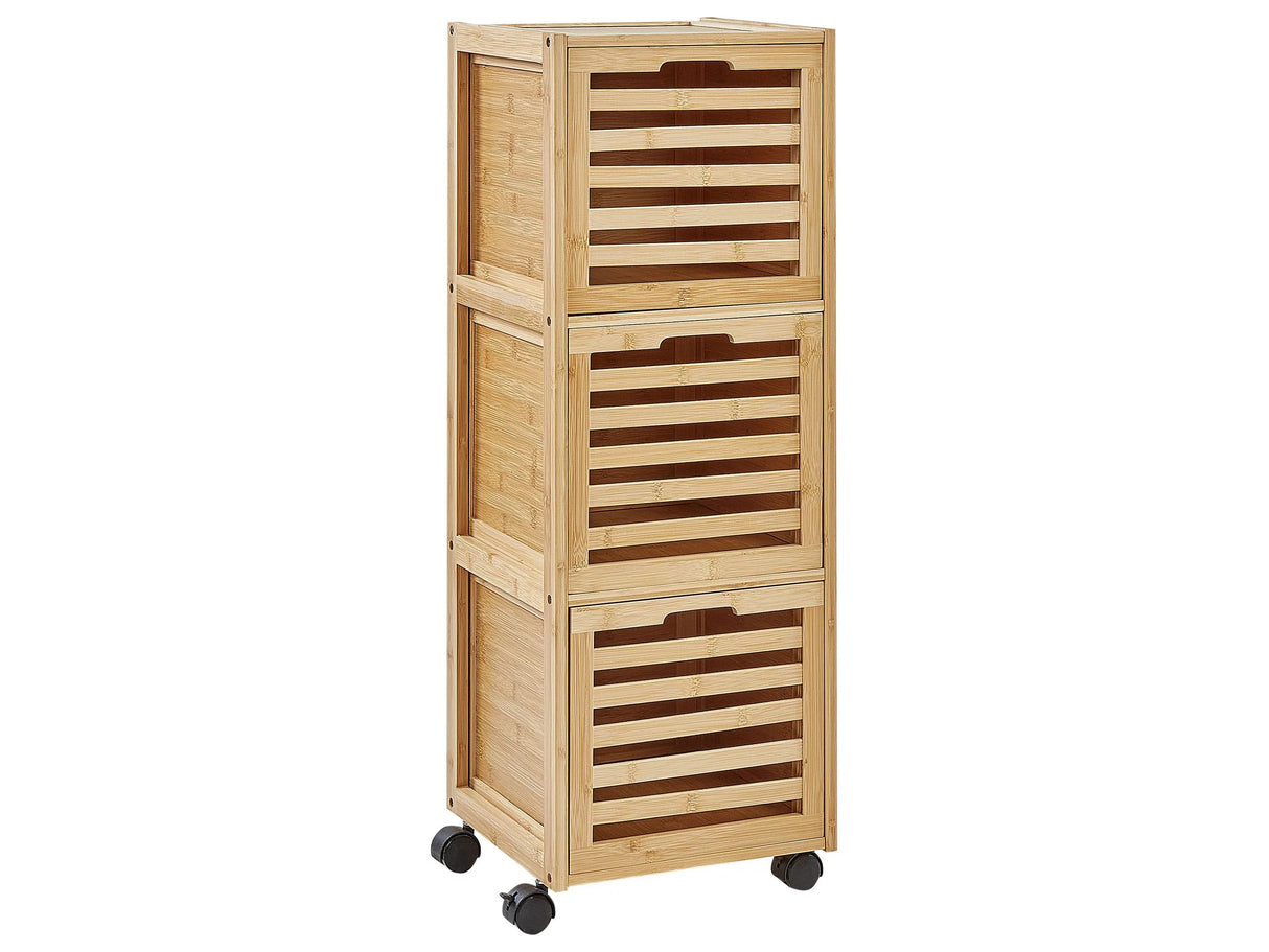 3- Drawer Bathroom Cabinet Light Brown Bamboo Rubber Wheels Bathroom Storage Beliani