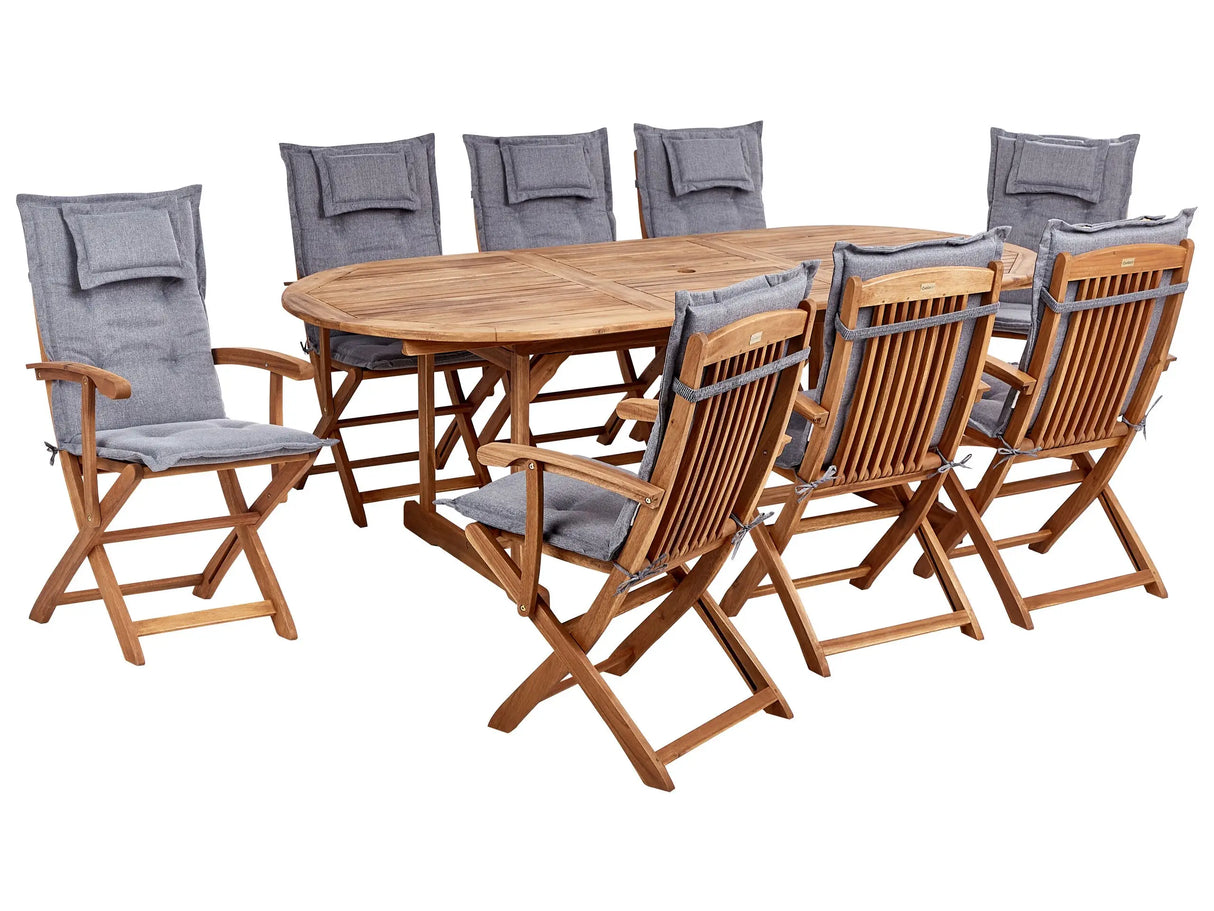 Outdoor Dining Set Light Acacia Wood with Grey Cushions 8 Seater Table Folding Chairs Rustic Design Beliani