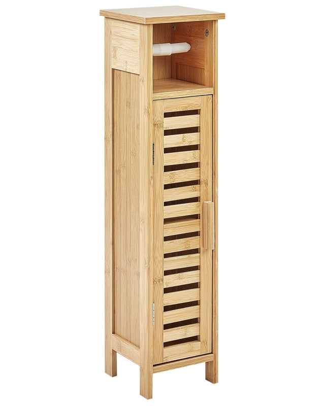 Toilet Paper Cabinet Light Wood Bamboo with Shelves and Door Minimalistic Beliani