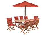 Outdoor Dining Set Light Acacia Wood with Red Cushions 8 Seater Table Folding Chairs Red Umbrella Beliani