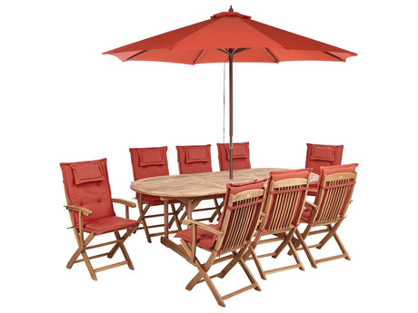 Outdoor Dining Set Light Acacia Wood with Red Cushions 8 Seater Table Folding Chairs Red Umbrella Beliani