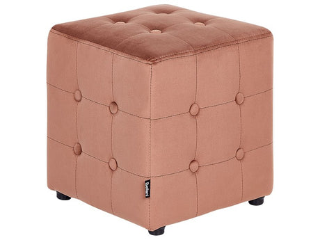 Footstool Peach Pink Velvet Cube Pouffe Button Tufted Upholstery Beliani