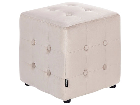 Footstool Light Beige Velvet Cube Pouffe Button Tufted Upholstery Beliani