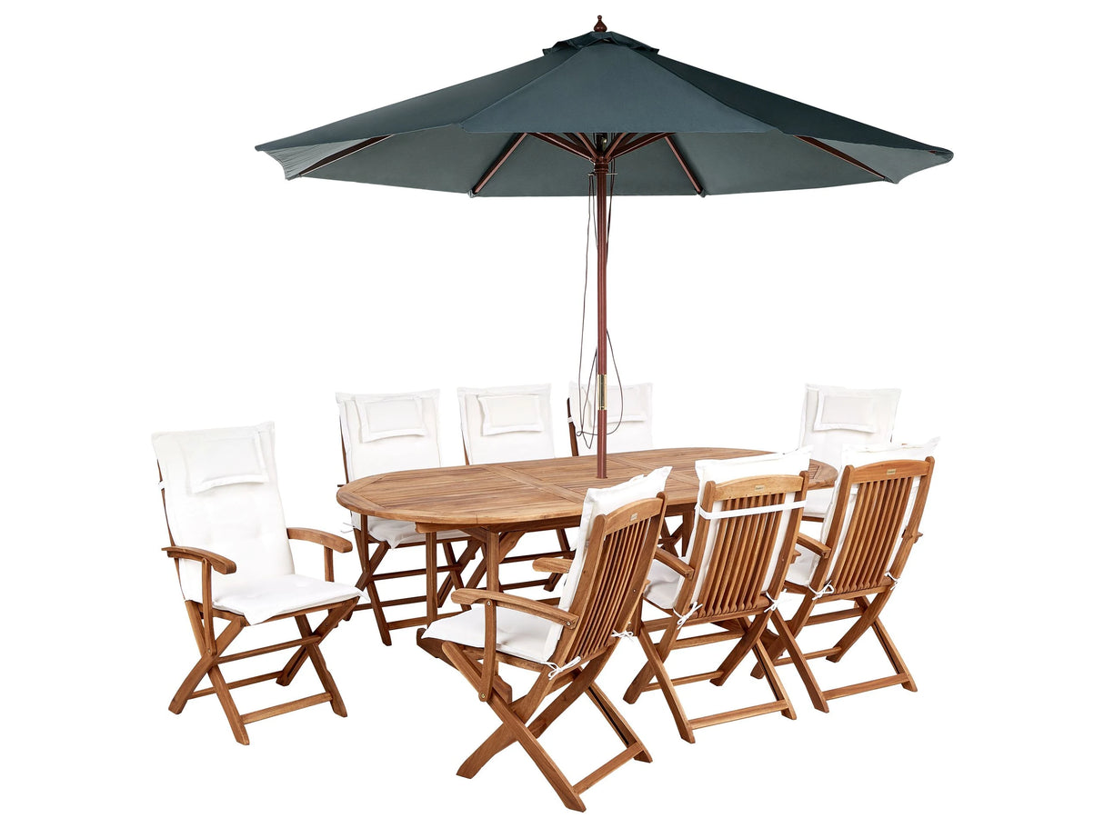 Outdoor Dining Set Light Acacia Wood with Off-White Cushions 8 Seater Table Folding Chairs Dark Grey Umbrella Beliani